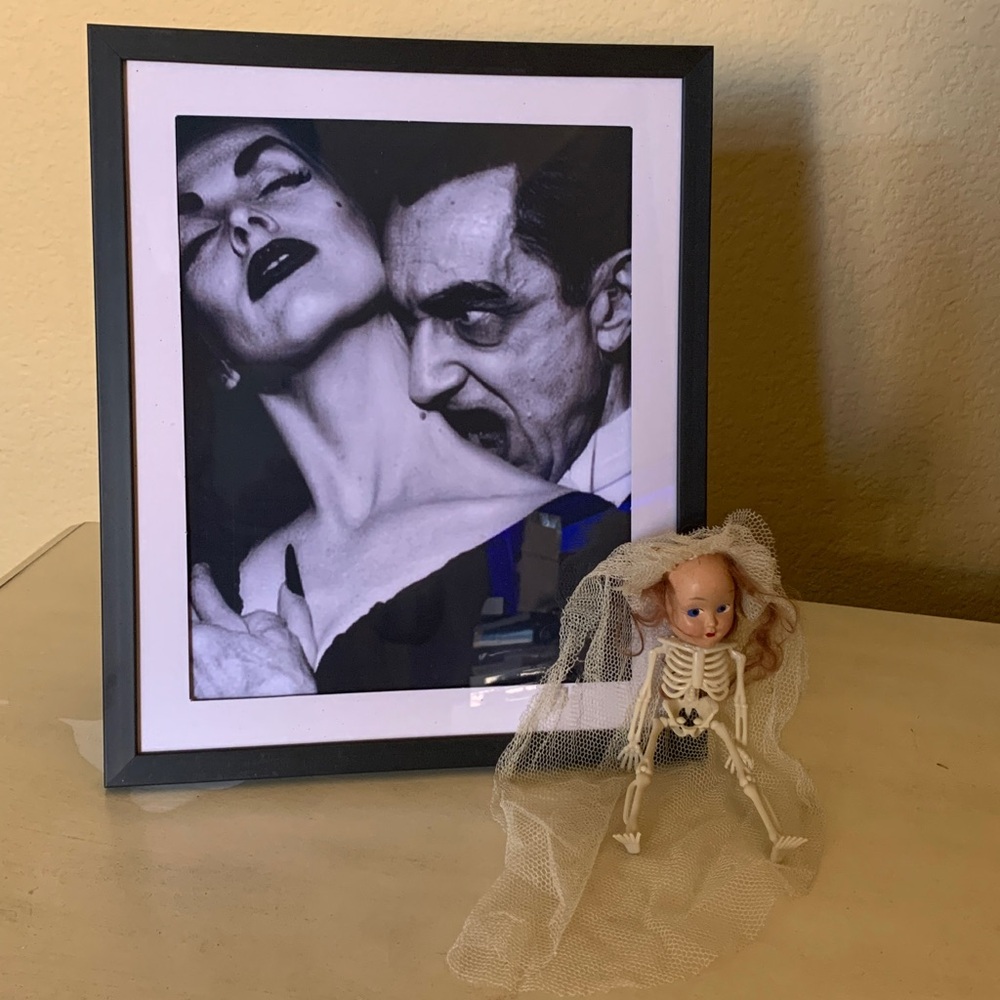 Vampire Black & White Framed Art with creepy Skeleton Doll bride Halloween decor